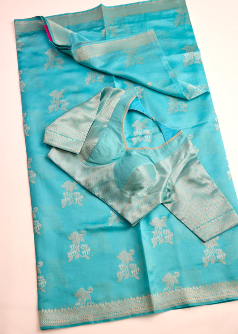 Icy Blue with Silver Zari Border Banaras Kathan Saree with Blouse