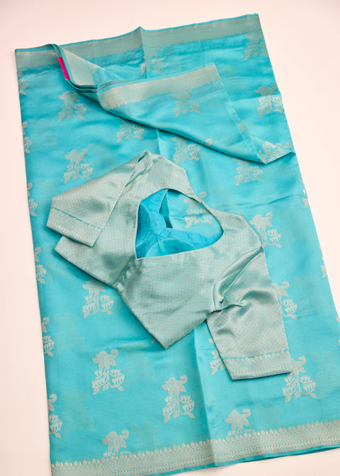 Icy Blue with Silver Zari Border Banaras Kathan Saree with Blouse