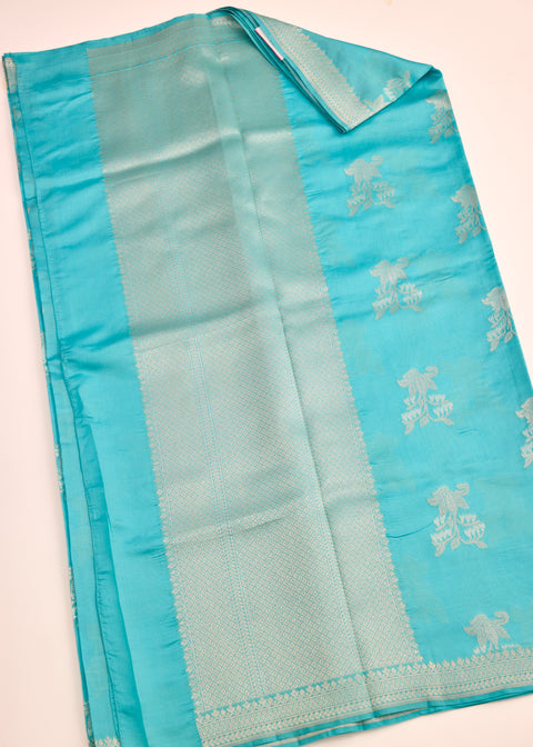 Icy Blue with Silver Zari Border Banaras Kathan Saree with Blouse