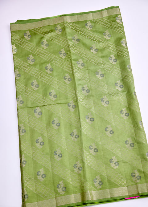 Green and Peach Chiniya Silk Saree with Zari Floral Motifs