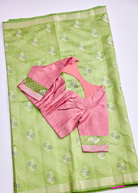 Green and Peach Chiniya Silk Saree with Zari Floral Motifs