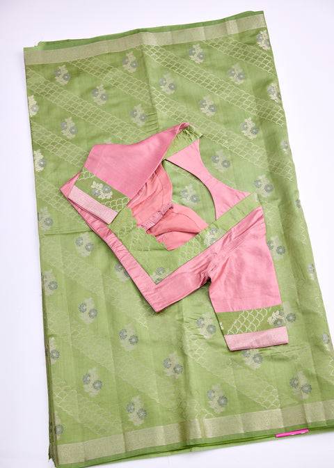 Green and Peach Chiniya Silk Saree with Zari Floral Motifs