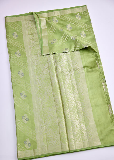 Green and Peach Chiniya Silk Saree with Zari Floral Motifs