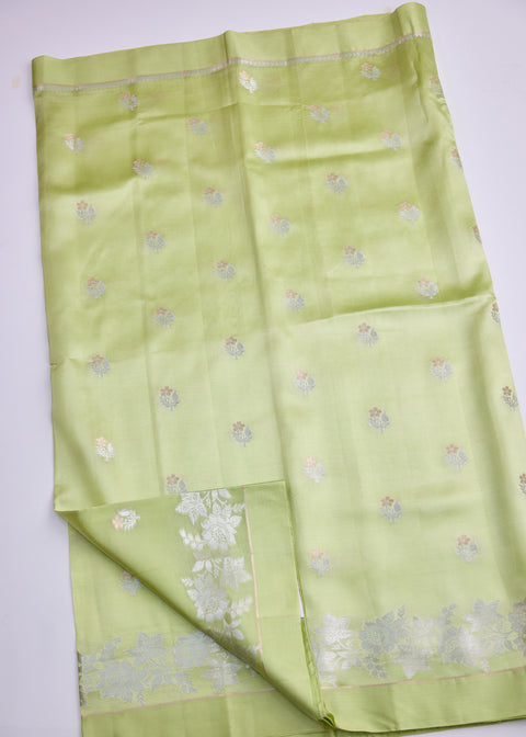 Parrot Green Chiniya Silk Saree with Zari Floral Motifs