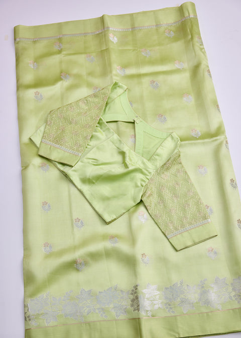 Parrot Green Chiniya Silk Saree with Zari Floral Motifs