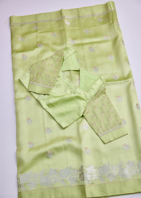 Parrot Green Chiniya Silk Saree with Zari Floral Motifs