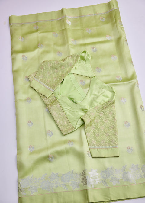 Parrot Green Chiniya Silk Saree with Zari Floral Motifs