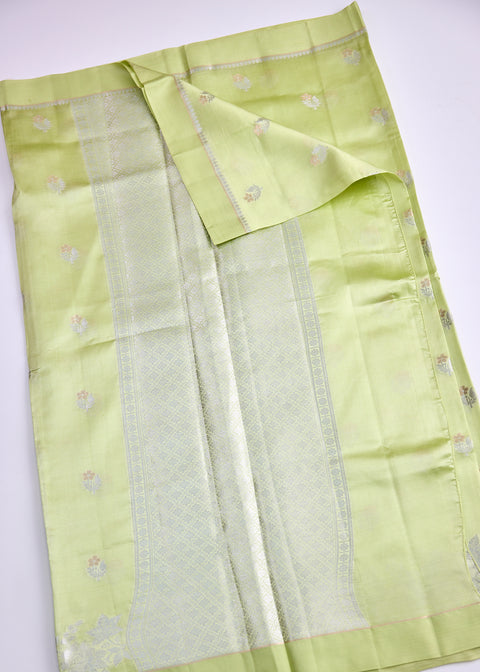 Parrot Green Chiniya Silk Saree with Zari Floral Motifs