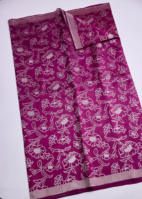 Wine with Silver Zari Border Banaras Kathan Saree with Blouse