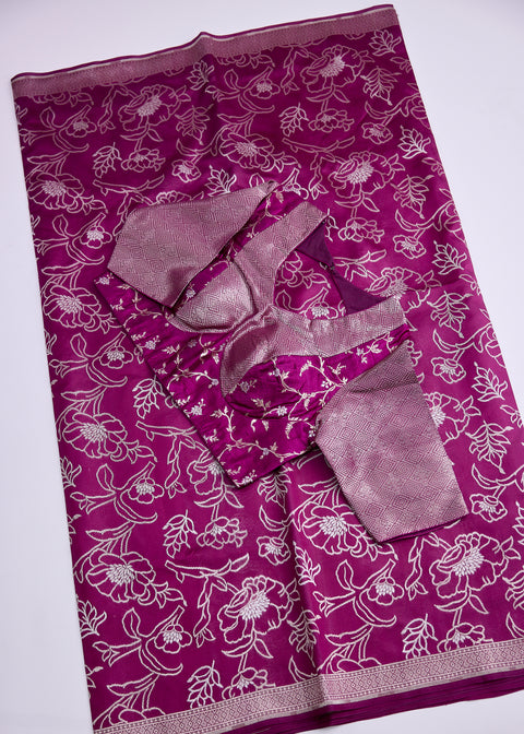 Wine with Silver Zari Border Banaras Kathan Saree with Blouse