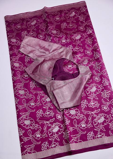Wine with Silver Zari Border Banaras Kathan Saree with Blouse