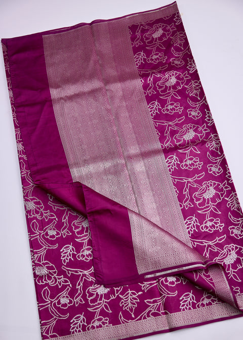 Wine with Silver Zari Border Banaras Kathan Saree with Blouse