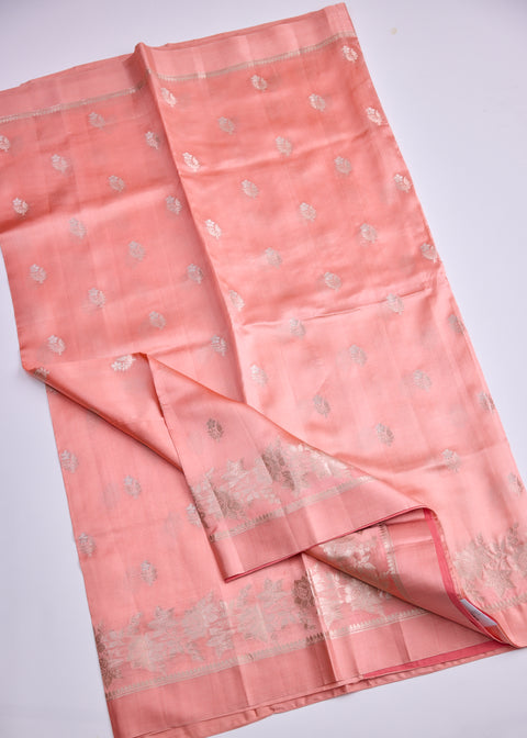 Peach Chiniya Silk Saree with Zari Floral Motifs