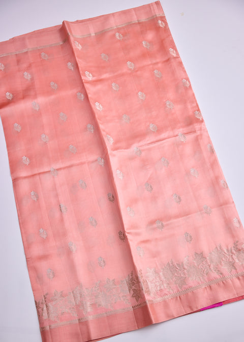Peach Chiniya Silk Saree with Zari Floral Motifs