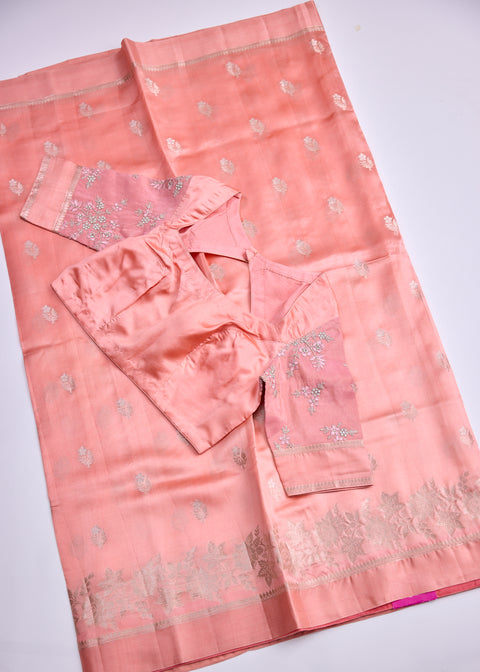 Peach Chiniya Silk Saree with Zari Floral Motifs