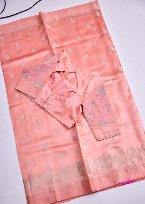 Peach Chiniya Silk Saree with Zari Floral Motifs