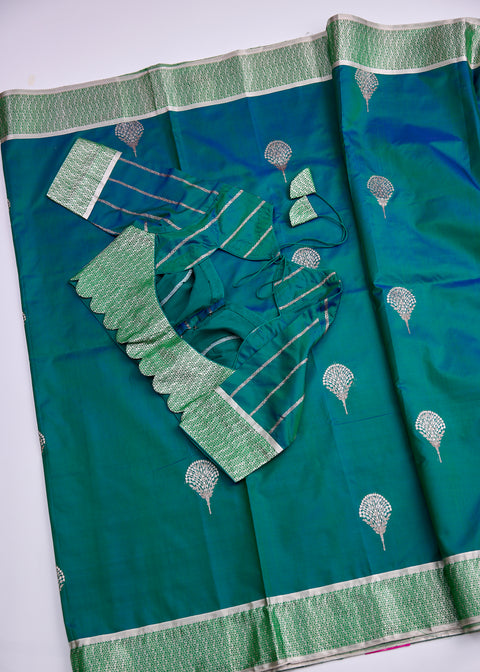 Green with Zari Border Banaras Kathan Saree with Brocade Blouse