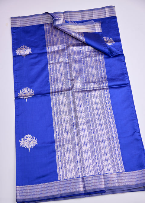 Royal Blue with Silver Zari Border Banaras Kathan Saree with Brocade Blouse