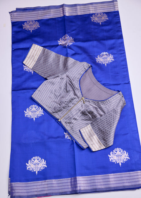 Royal Blue with Silver Zari Border Banaras Kathan Saree with Brocade Blouse