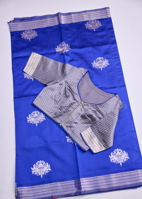 Royal Blue with Silver Zari Border Banaras Kathan Saree with Brocade Blouse