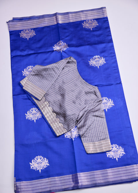 Royal Blue with Silver Zari Border Banaras Kathan Saree with Brocade Blouse