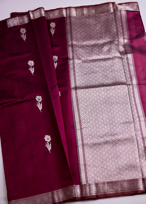 Maroon with Zari Border Banaras Kathan Saree with Brocade Blouse