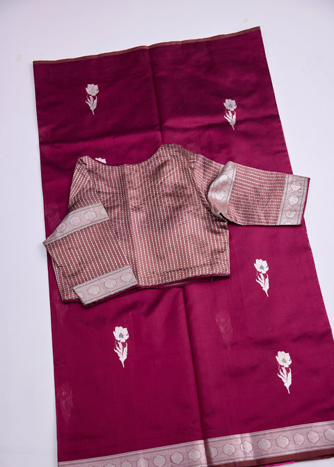 Maroon with Zari Border Banaras Kathan Saree with Brocade Blouse