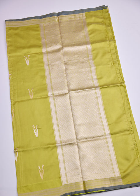 Chartreuse Chiniya Silk Saree with Zari Floral Motifs