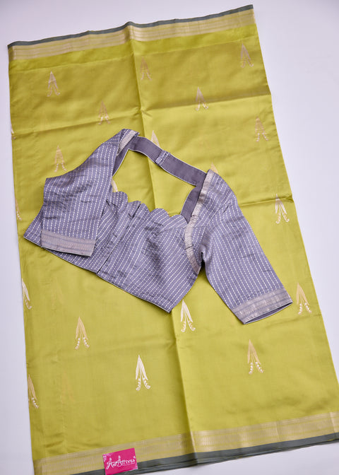 Chartreuse Chiniya Silk Saree with Zari Floral Motifs