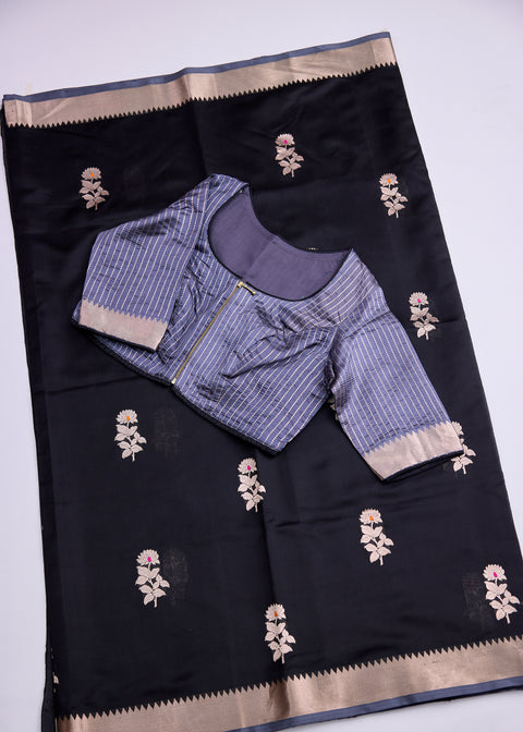 Black with Zari Border Banaras Kathan Saree with Brocade Blouse