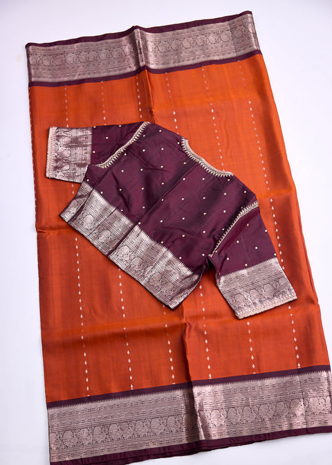 Rust Orange and Brown Kanjivaram Saree