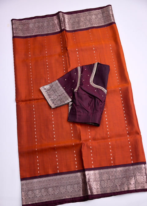 Rust Orange and Brown Kanjivaram Saree