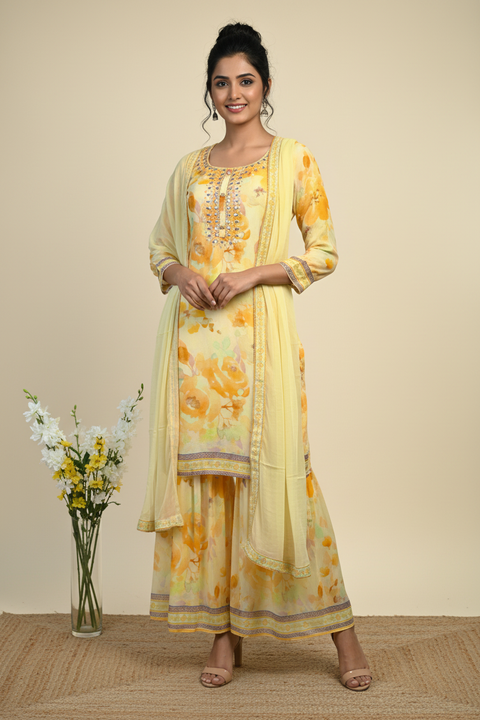 Yellow & White Muslin Kurta, Pants and Dupatta set