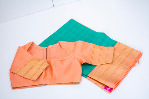 Teal Green with Peach and Gold Zari Border Kanchipattu Saree