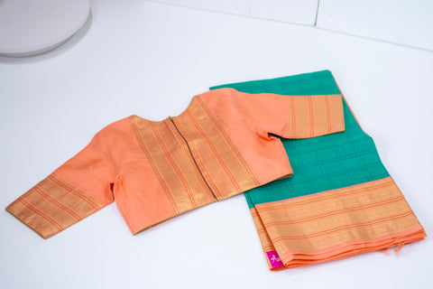 Teal Green with Peach and Gold Zari Border Kanchipattu Saree