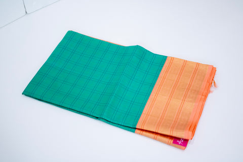 Teal Green with Peach and Gold Zari Border Kanchipattu Saree