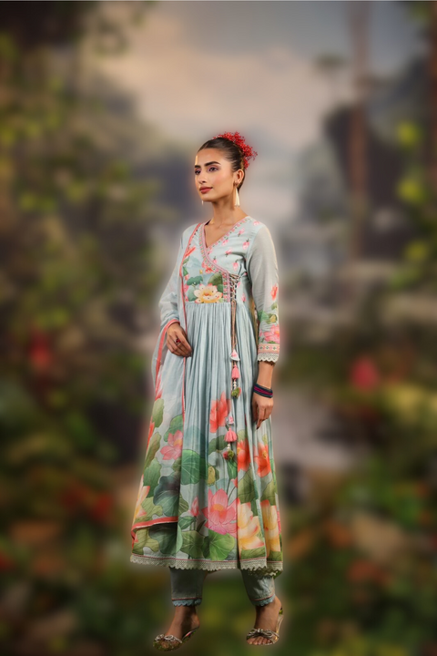 Blue Angrakha Style Kurta, Pants and Dupatta set in Mulmul Cotton
