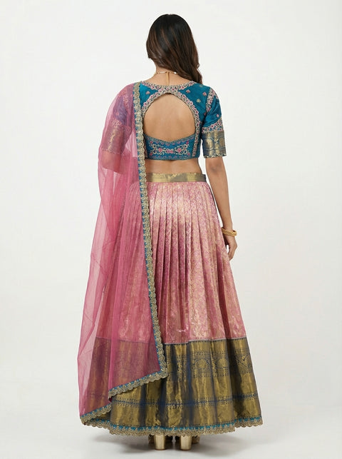 Pink and Blue Kanjivaram Half Saree