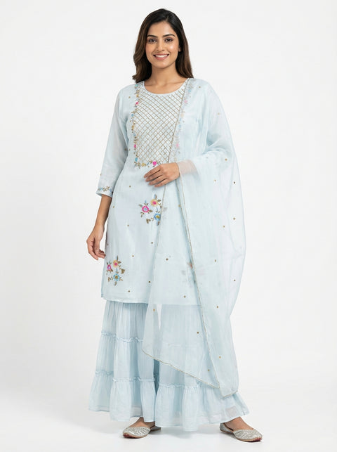 Handwork Blue Kurta, Pant and Dupatta set