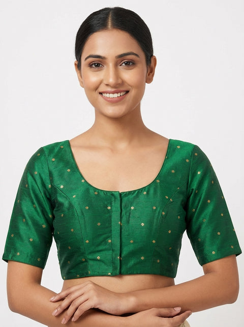 Bottle Green Readymade Blouse with Gold Butis