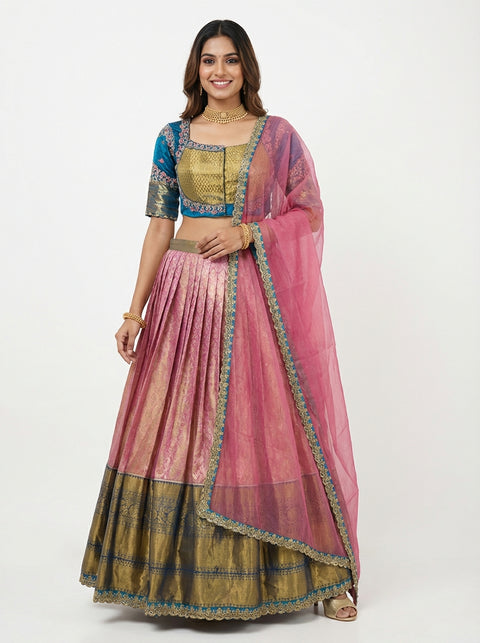Pink and Blue Kanjivaram Half Saree