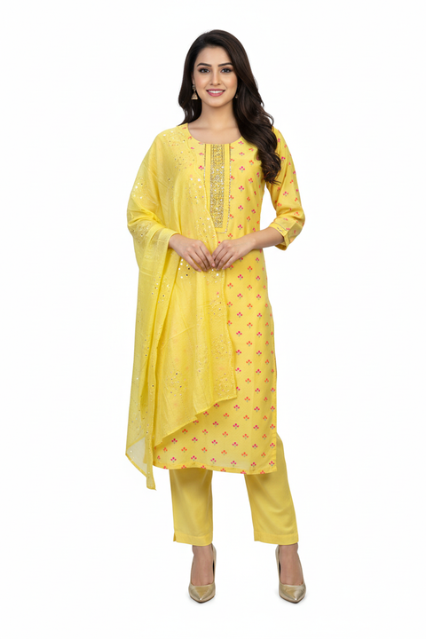 Yellow Chanderi Kurta, Pants and Dupatta set