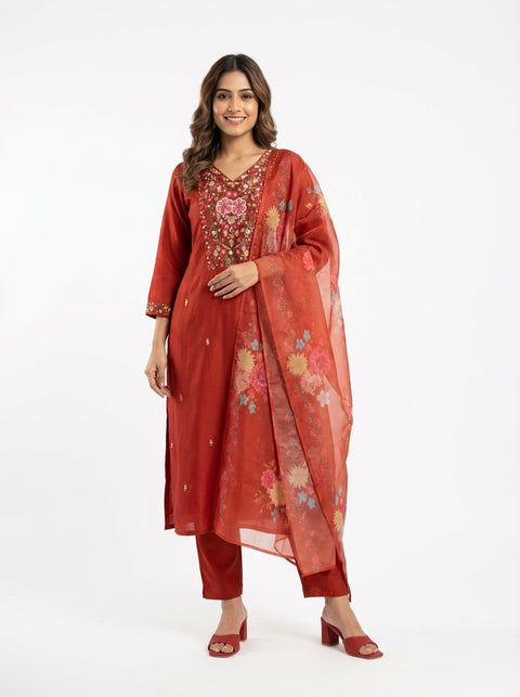 Rust Orange Kurta, Pants and Dupatta Set