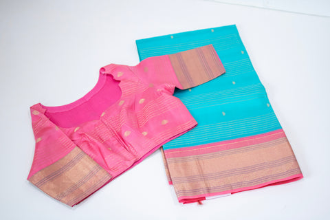 Turquoise Blue with Pink Zari Border Kanchipattu Saree