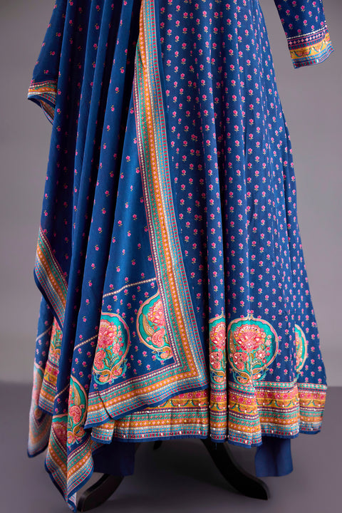 Blue Crepe Anarkali Set