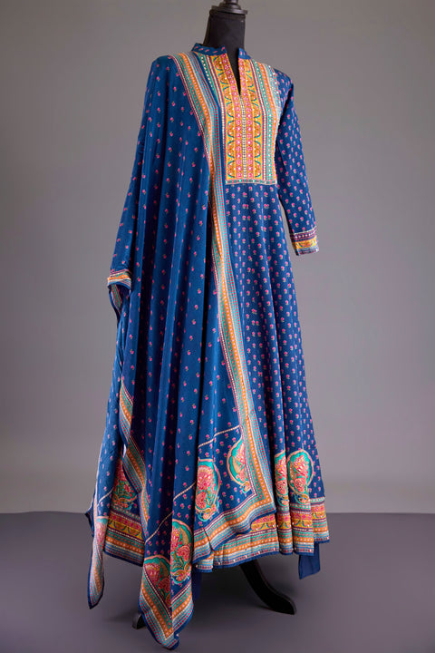Blue Crepe Anarkali Set