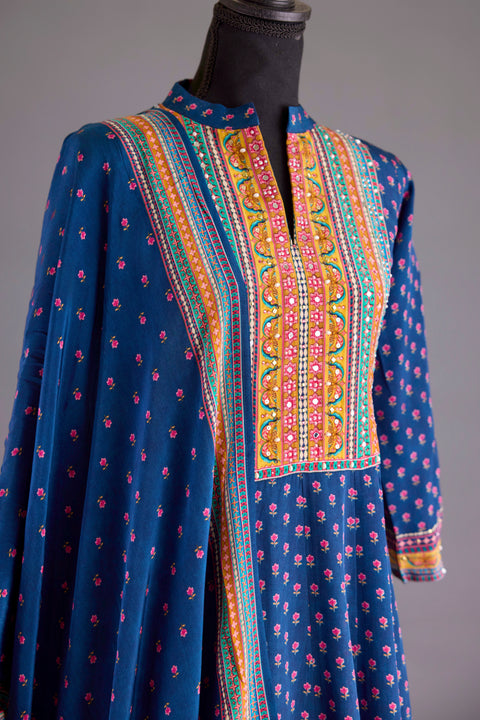 Blue Crepe Anarkali Set