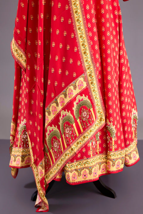 Red Crepe Anarkali Set