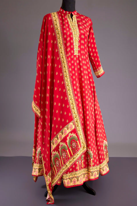 Red Crepe Anarkali Set