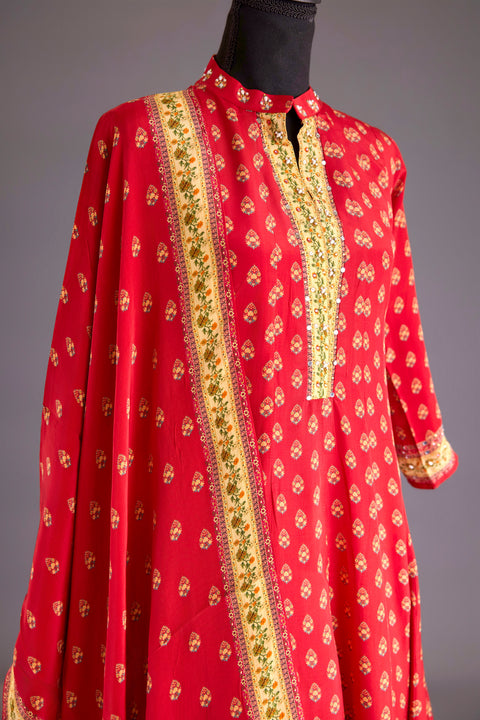 Red Crepe Anarkali Set